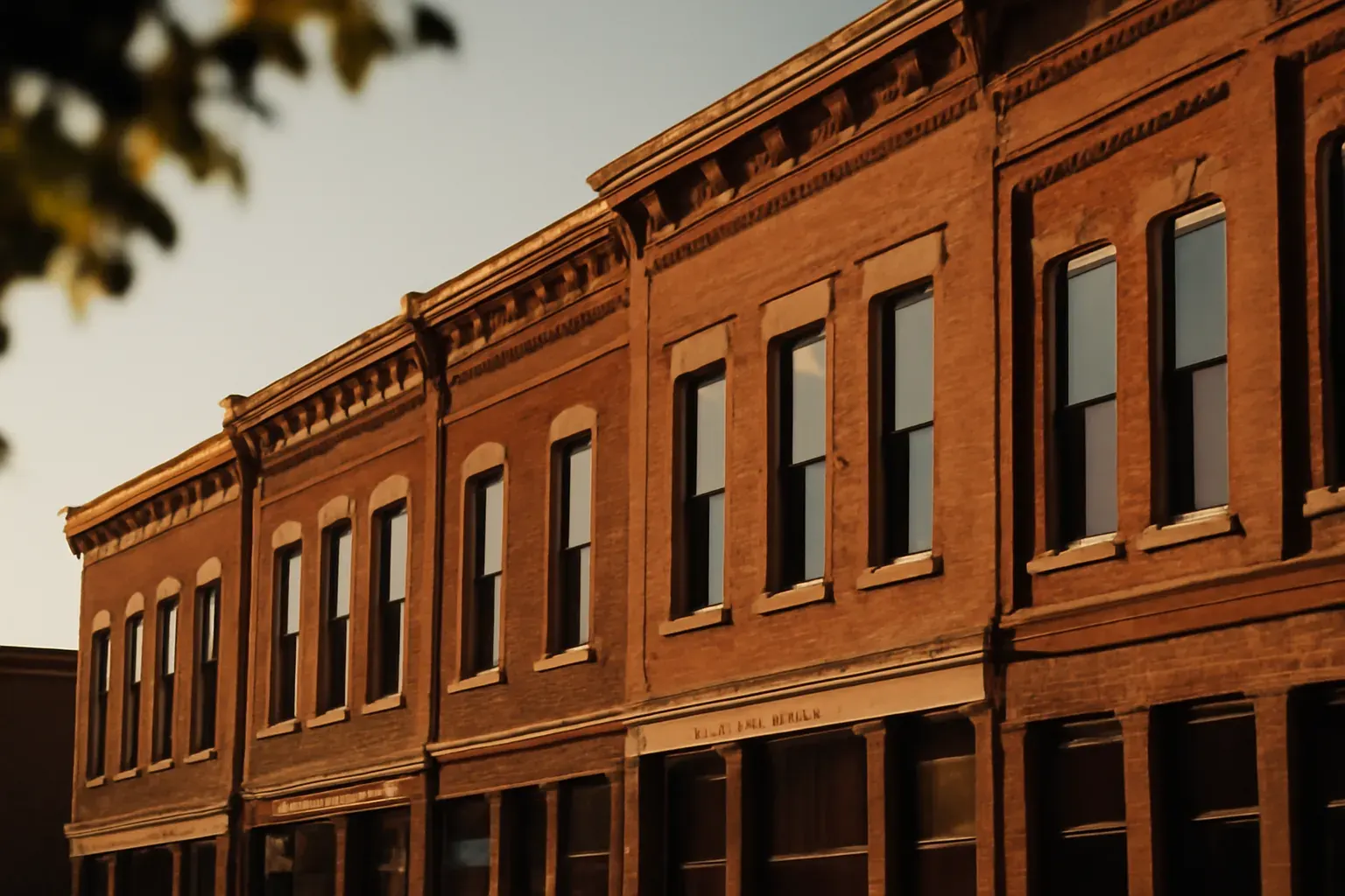 Warm afternoon light across a Columbus, Ohio street of brick storefronts.