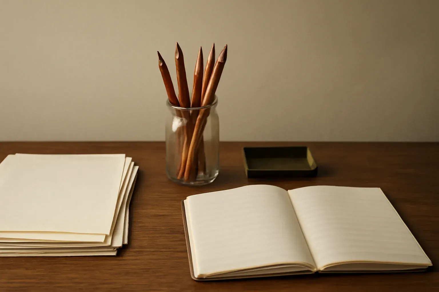 A studio desk with paper drafts, a mug, and a red editing pen — no laptop screen visible.