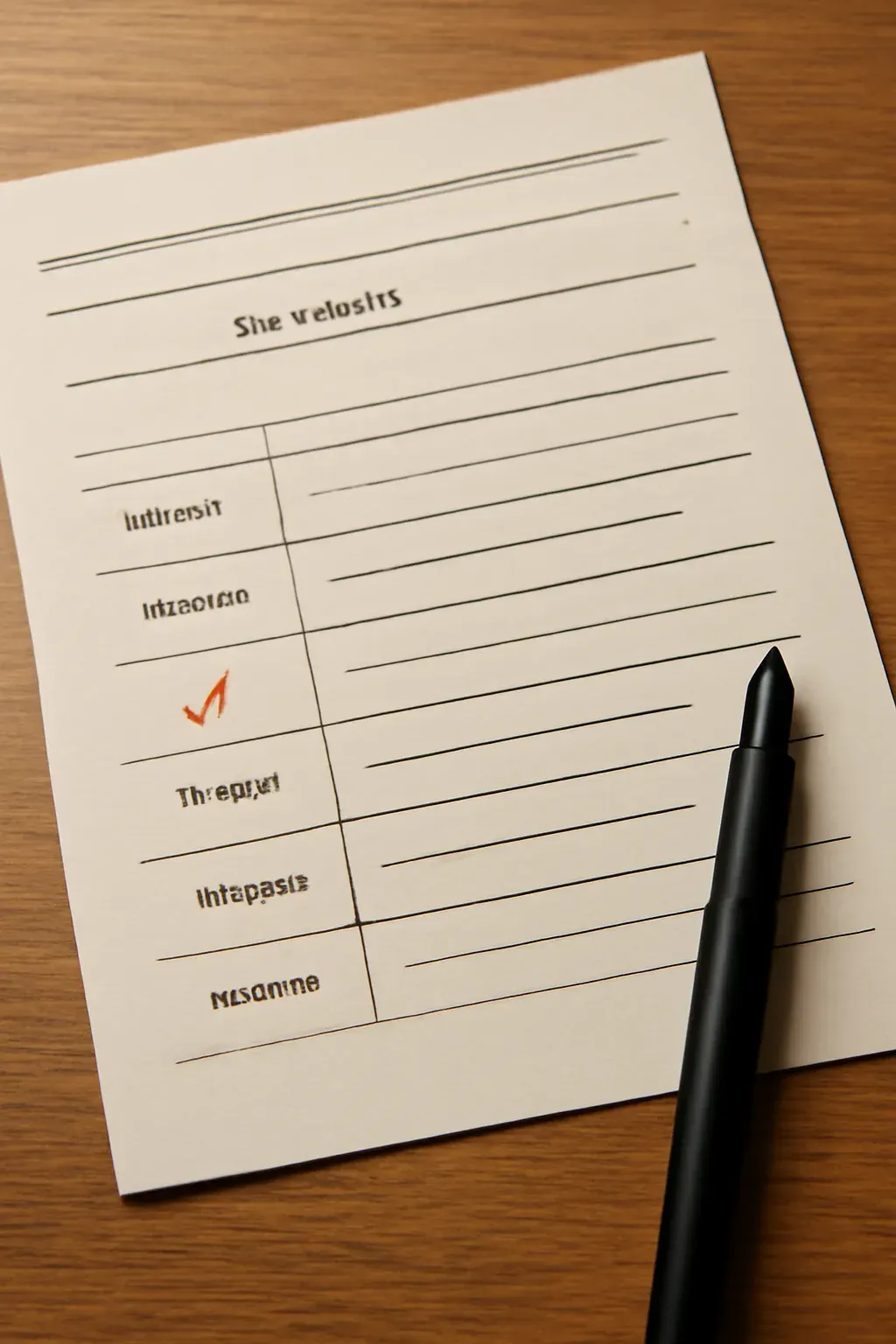 A ruled, ledger-style reference page with labelled rows and a red-pencil check mark, representing a brand voice guide.