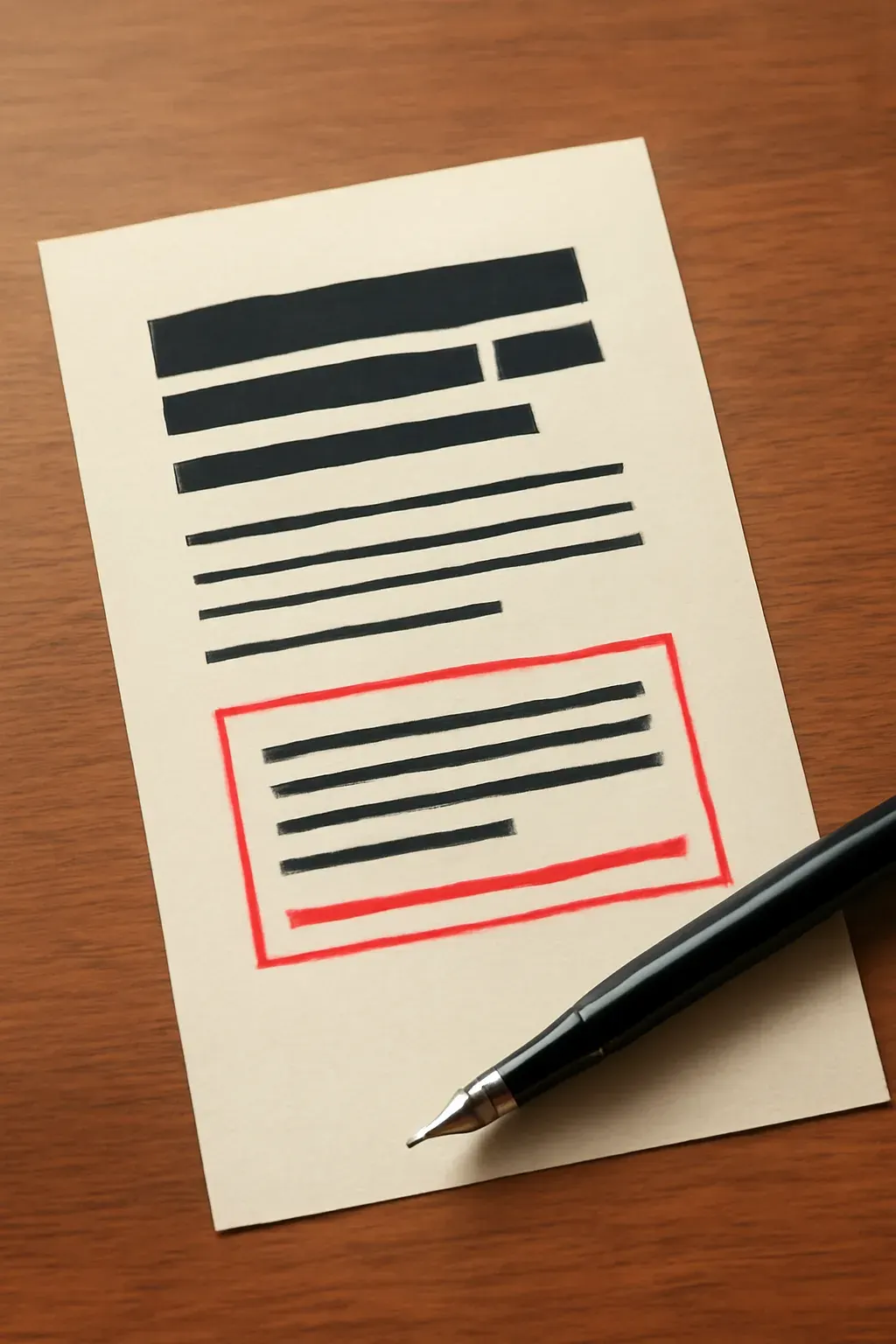 A printed single-page layout with a call-to-action block double-outlined in red pencil, representing a sales page.