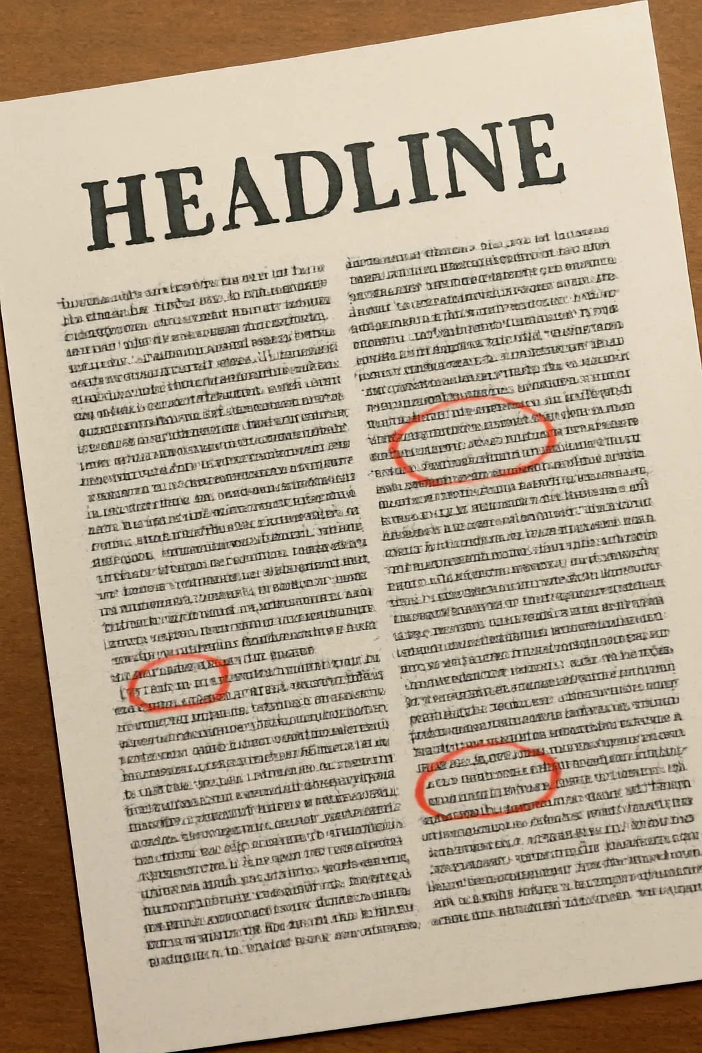 A dense printed article page with individual words circled in red pencil, representing long-form content writing.