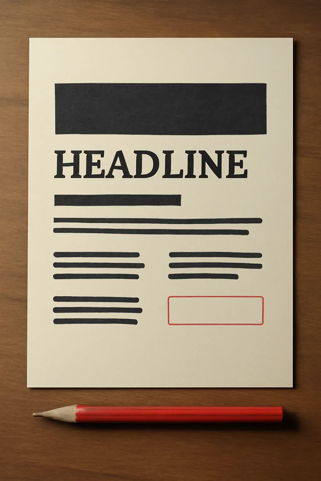 A printed page laid out like a website homepage's copy hierarchy, with a call-to-action line marked in red pencil.